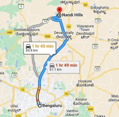 Bangalore to Nandi Hills route